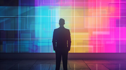 Fototapeta na wymiar Businessman is standing in front of big hologram screen ,futuristic concept .