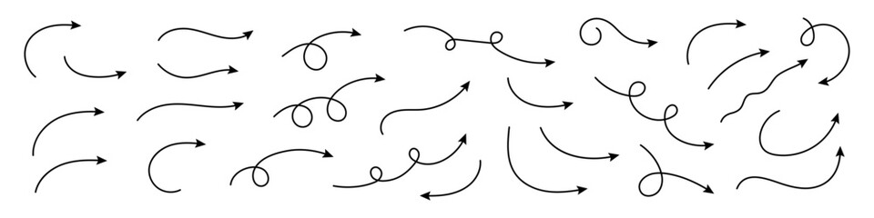 Collection hand drawn arrows. Set simple arrows isolated on white background. Arrow mark icons. Collection of pointers. Vector illustration.