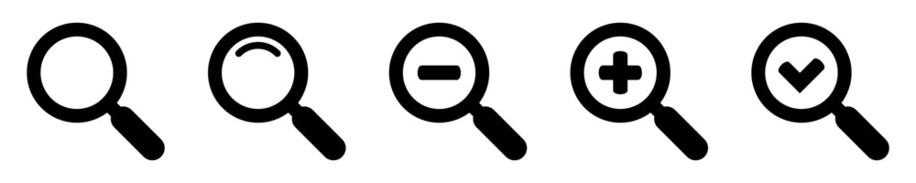 Magnifying glass simple icon collection. Search icon set, zoom in and zoom out icons. Magnifier or loupe with check mark sign. Vector illustration.