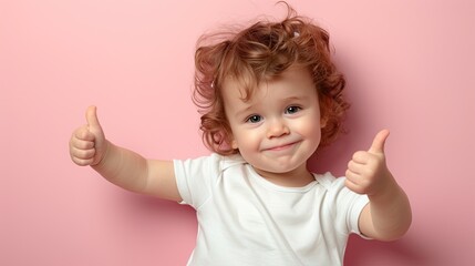a toddler giving a thumbs up on pastel pink background 