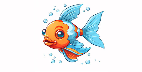 Cute cartoon fish character. Vector illustration isolated on white background.Cute cartoon goldfish swimming in the sea. Vector illustration.