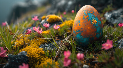 Obraz na płótnie Canvas Painted Egg on Top of Lush Green Field