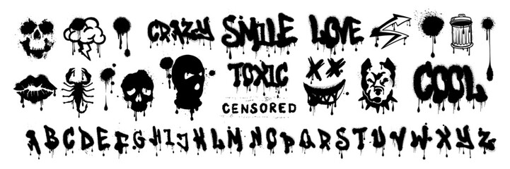 Graffiti font vector urban spray alphabet, street wall hand drawn letters, hip-hop modern style. Grunge drip print, fashion texture lettering splash, creative poster handwriting. Black graffiti font © Oleksandra