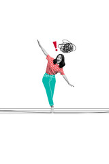 Vertical creative illustration collage of young girl walk tight rope afraid danger entertainment...