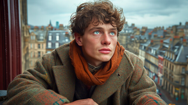 young man with curly hair looks thoughtfully out a window, wearing a brown scarf and a wool coat, with a blurred cityscape in the background