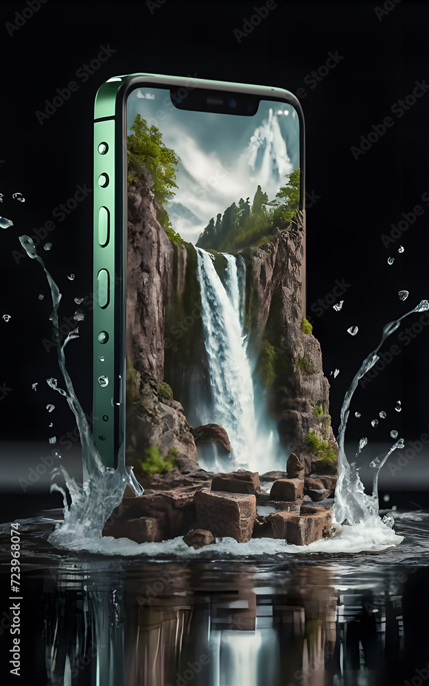 Poster 3d render of a mobile phone with its screen displaying a miniature waterfall scene. ai generated