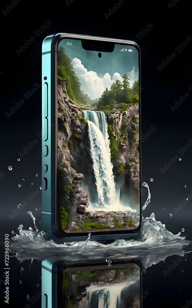 Poster 3d render of a mobile phone with its screen displaying a miniature waterfall scene. ai generated