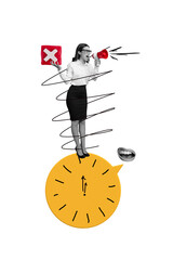 Vertical collage illustration angry boss business lady hold bullhorn megaphone deadline overtime lose tasks isolated on grey background