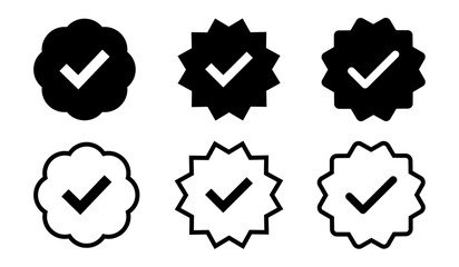 Black tick verified symbol icon set with fill and stroke. Tick, right, v, verification symbol. accept, vote, choice symbol for use in apps, profiles and bio.