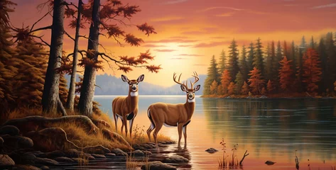 Poster Two deer in the swamp at sunset. 3d render illustration.Autumn landscape with deer and lake. 3d render illustration. © Kashif Ali 72