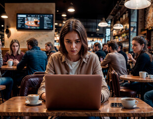 woman smiling and sitting at a table with a laptop and a cup of coffee. She is focused on her work. There are other people in the background, engaged in their own activities. 