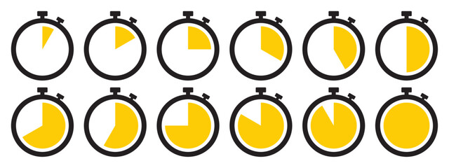 Fototapeta premium Stopwatch icon set in yellow color. Stopwatch symbol set. Collection of timer icon set in yellow color on white background. Countdown clock stopwatch, timer vector illustation.