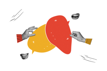 Collage picture of two black white colors arms fingers hold dialogue quote bubble talking mouth isolated on drawing background