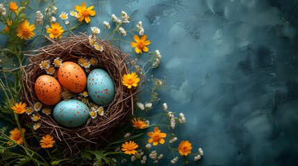 Birds Nest With Four Eggs and Daisies