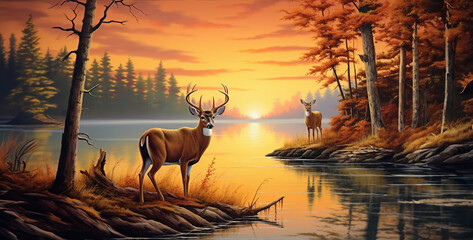 Two deer in the swamp at sunset. 3d render illustration.Autumn landscape with deer and lake. 3d render illustration.