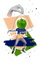 Creative trend collage of man green apple instead head puppet marionette big hand control juice...