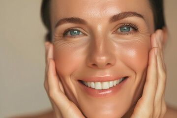 Closeup Beautiful smiling mature woman touch face with smooth healthy skin
