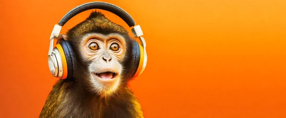 Badezimmer Foto Rückwand Portrait of a cute and smiling monkey with headphones listens to music on a orange background with copy space. Generative Ai. © Alberto Masnovo