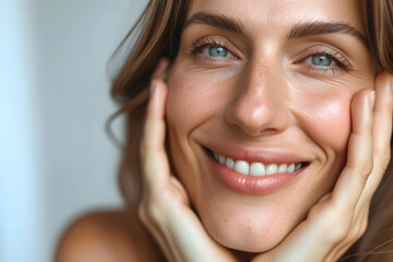 Closeup Beautiful smiling mature woman touch face with smooth healthy skin