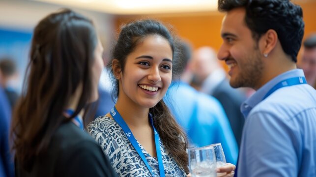 Three people are networking at a conference