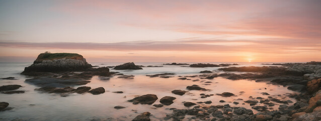 Fototapeta na wymiar Calm coastal scene with a rocky shore, tide pools, and a pastel-colored sunset sky. Wide format.