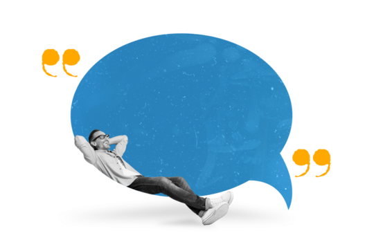 Creative collage image of peaceful black white colors mini man laying relax big empty space dialogue bubble