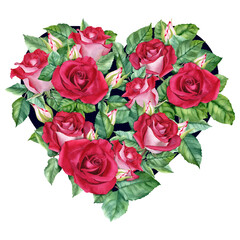 Heart shape filled with red rose flowers and leaves. Hand drawn watercolor illustration isolated on white background. For Valentines Day wedding Mother's day greeting card invitation
