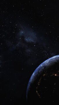 Vertical video zooming into Earth from space showing night and day