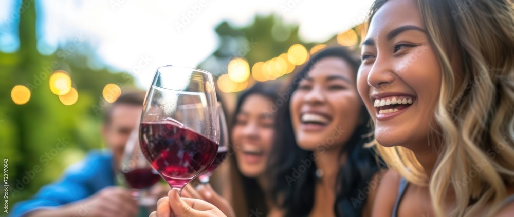 Poster diverse group of friends enjoying wine at a table generative ai