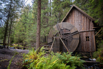 Old wooden water mill in a coniferous forest. Old watermill in the middle of the forest. rural, rustic,
