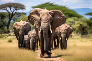 Fototapeta na wymiar Herd of Elephants in Africa walking through the grass in National Park