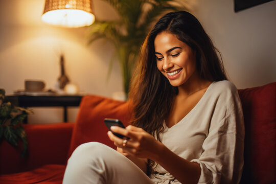 Happy young latin woman sitting on sofa holding mobile phone using cellphone technology doing ecommerce shopping, buying online, texting messages relaxing on couch in cozy living room at