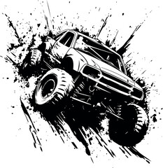 Monochromatic intensity in an offroad scene with the silhouette of a mud-covered vehicle. - obrazy, fototapety, plakaty