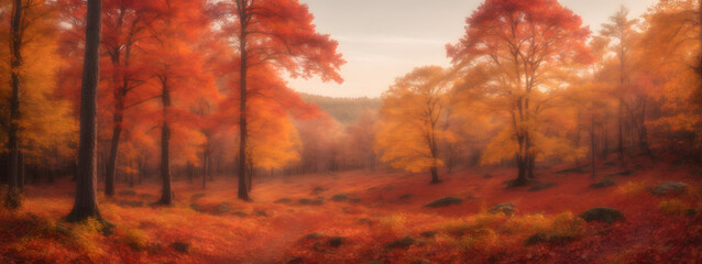 Enchanting autumn forest with vibrant foliage in shades of red, orange, and yellow under a clear sky. Wide format.