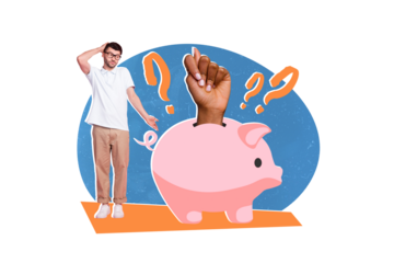 Creative collage of stupid questioned guy scratch head money pig bank big arm fist show fig gesture isolated on drawing background