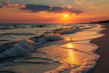 A romantic sunset at a secluded beach With soft waves and a picturesque horizon
