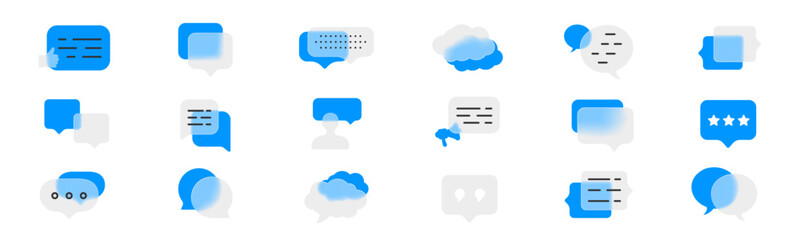 Speech bubble glass morphism icon set. Transparent glass illustration