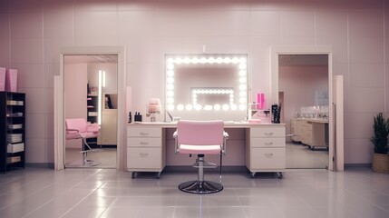Empty workplace makeup and hairdresser in stylish beauty salon interior. Barber shop business concept. Generative AI