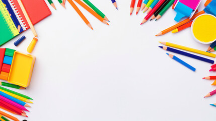Fototapeta premium School supplies background top view with copy text space - ai generative