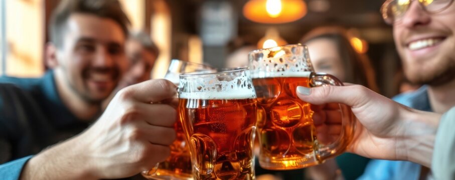 Group of Men Toasting With Glasses of Beer at a Pub Generative AI