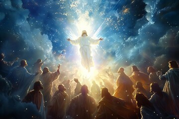 Luminous tapestry of the ascension of jesus Bridging heaven and earth - obrazy, fototapety, plakaty