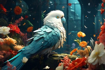 Parrot sitting on a rock in an aquarium full of flowers