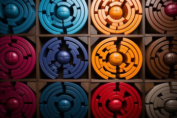abstract background on top of a wooden maze with colorful narrow paths and colorful balls