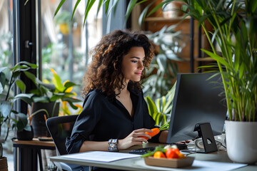 Young woman sitting in the office in front of the computer and snacks on vegetables. The concept of proper nutrition and healthy snacks - Powered by Adobe