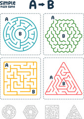 Vector  Simple maze game set. Labyrinth puzzle games for children.  Ease brain-teaser 