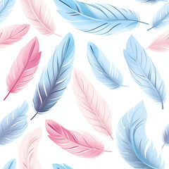 Abstract feather seamless pattern in pastel pink and blue colors, on white isolated background. Generative AI.