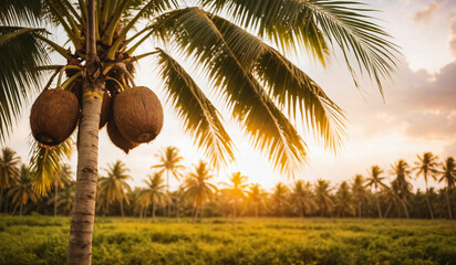 coconut palm with brown coconuts before harvest at sunset - obrazy, fototapety, plakaty