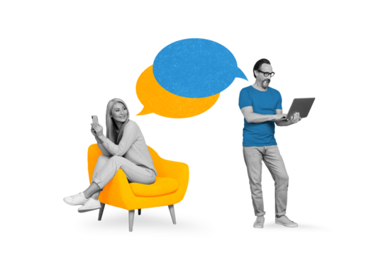 Creative collage picture of two aged black white gamma people use netbook smart phone communicate empty space dialogue bubble