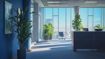 Modern highrise office interior adorned with indoor plants, offering a stunning view of the city skyline in bright daylight.