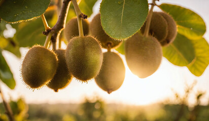 Kiwis on a tree before harvest